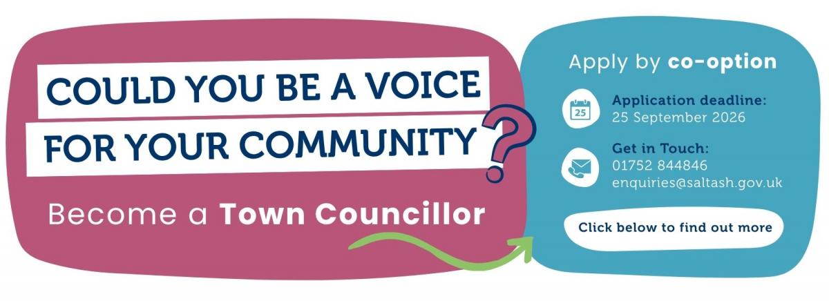 Could you be a voice for your community? Become a Town Councillor. Apply by co-option. Application deadline: 25 September 2026. Get in touch: 01752 844846. Click below to find out more.
